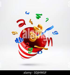 3D striped party cracker exploding with confetti Stock Vector