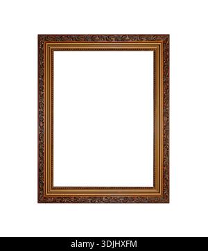 An ornate bronze picture frame with intricate floral carvings stands vertically against a solid white. Stock Photo
