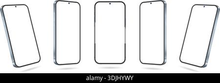 Smartphone devices mockup set in different angles with shadows. Blue mobile phones with blank display for advertisement. Vector illustration Stock Vector