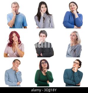Collage of diverse people in contemplative poses, keep hands under chin and thinking. Thoughtful casual persons isolated on white background, evoking Stock Photo
