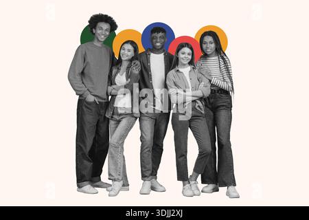 Group of Five Young People Posing Together in Casual Outfits on a Neutral Background Stock Photo