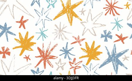 A creative, hand drawn pattern with oil pastel star shapes, sparkles in various rough, colorful crayon textures. This fun, seamless background is idea Stock Vector