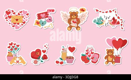 Bright still life stickers set featuring rose, songbird, gift box with heart balloons, milkshake, cupcake, strawberry, cherry and heart letter arrange Stock Vector