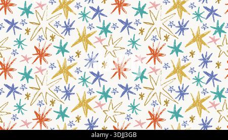 A playful, seamless pattern of hand drawn, colorful star shapes with a crayon texture. Oil pastel drawing. This vibrant backdrop works for kids' desig Stock Vector