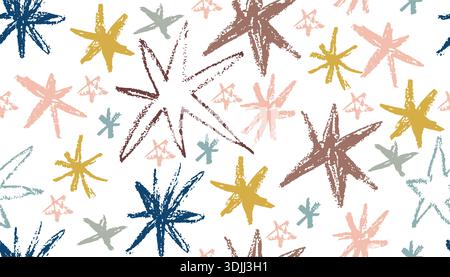 A seamless pattern of hand drawn star shapes with a crayon texture. The oil pastel abstract, colorful illustration works as a fun background for kids' Stock Vector