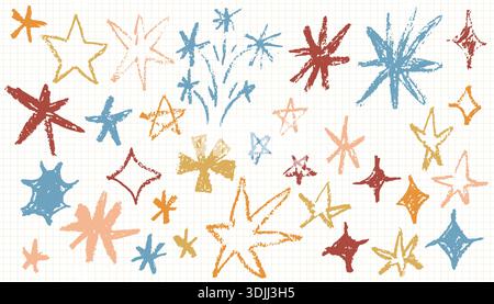 A colorful assortment of rough, hand sketched star icons illustrated with a wax crayon effect. The fun, casual drawings provide festive flair for chil Stock Vector