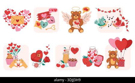 Colorful compositions with Happy Valentines Day elements such as rose, songbird, gift box and heart balloons, milkshake, cupcake, strawberry, cherry a Stock Vector