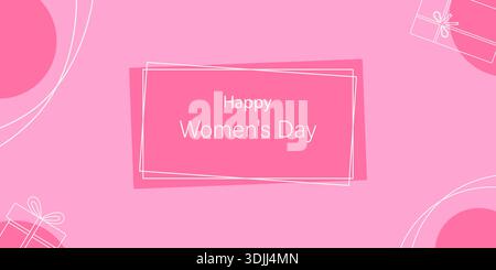 Happy Womans Day Inscription and outline gift boxes light lines on soft pink Banner Format Template. Womens Day Greeting Thematic Cards Sample Media post Banner Print Materials, leaflets, party invite Stock Vector