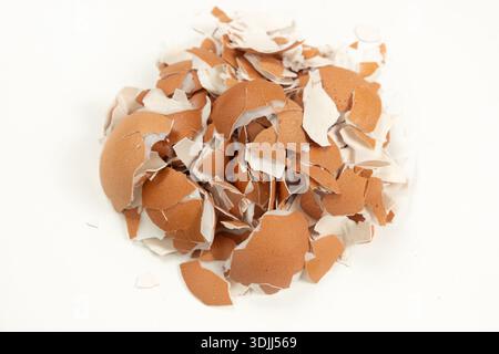 Pile of broken brown eggshell isolated on white background Stock Photo