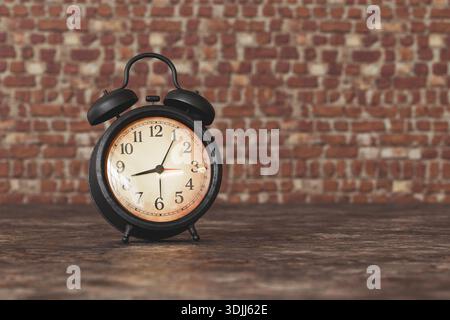 Vintage Black Alarm Clock on rusty metal Against Brick Wall Background, Retro Time Concept. High quality photo Stock Photo