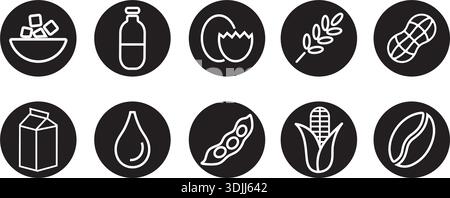 Set of food allergy free badges and organic product icons; gluten free, sugar free, and dairy free labels; black minimalist  allergy free vector Stock Vector