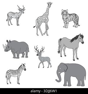 Set of wild animals including deer, giraffe, tiger, rhino, horse, zebra and elephant in simple hand drawn outline illustration style. Stock Vector