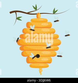 Illustration of hanging beehive with bees flying around, natural honeycomb on tree branch isolated on light background. Stock Vector