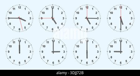 Set of Analog Clock Faces Showing Different Times, Time Reading Practice Illustration for Education, Learning Time Concept with Multiple Clocks Stock Vector