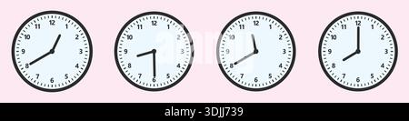 Set of Analog Clock Faces Showing Different Times, Time Reading Practice Illustration for Education, Learning Time Concept with Multiple Clocks Stock Vector