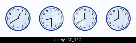 Set of Analog Clock Faces Showing Different Times, Time Reading Practice Illustration for Education, Learning Time Concept with Multiple Clocks Stock Vector
