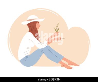 Relaxing couple sitting together isolated on white background with soft abstract shape. Young man and woman enjoying calm moment and peaceful relation Stock Vector