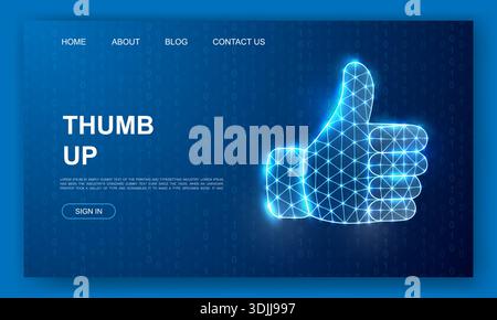 Thumbs up gesture in glowing wireframe mesh. Digital layout design. Futuristic UI or UX concept Stock Vector