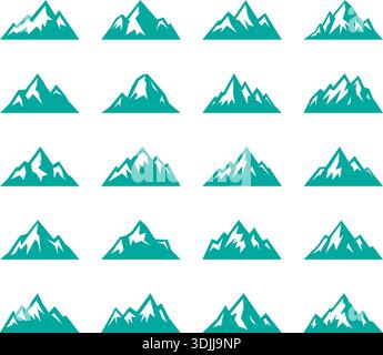 Set of mountain silhouette icons. Vector alpine peaks and snowy ridges for hiking, climbing, camping, outdoor and travel adventure designs. Stock Vector