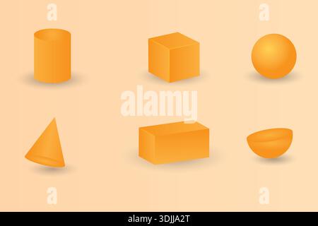 Orange 3D geometric shapes set including cylinder, cube, sphere, cone, cuboid and hemisphere isolated on beige background vector style. Stock Vector