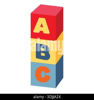 Colorful ABC alphabet blocks stacked vertically, educational toy cubes with letters A B C isolated on white background. Stock Vector