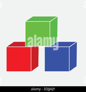 Three colorful 3D cubes stacked together in red, green and blue, simple geometric blocks isolated on white background, minimal design illustration. Stock Vector