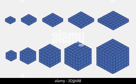 Blue cube grid progression showing increasing units in rows and layers, illustrating volume growth and 3D mathematical expansion on white background. Stock Vector