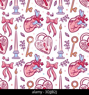 A seamless vector doodle pattern featuring a lock, key, candle, bowknot, and hearts, forming a delicate, romantic motif. Stock Vector