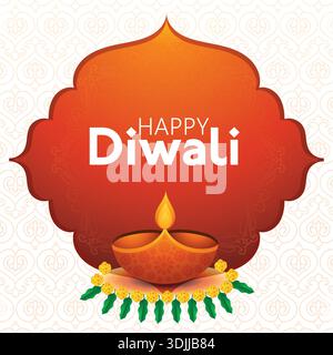 Happy Diwali Festival Greeting Card with Glowing Diya Lamp, Traditional Indian Decorative Design, Festive Background for Celebration Wishes in India Stock Vector