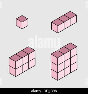 Pink cube blocks increasing in rows and layers, showing progression from single cube to stacked rectangular prism in isometric 3D view on white backgr Stock Vector