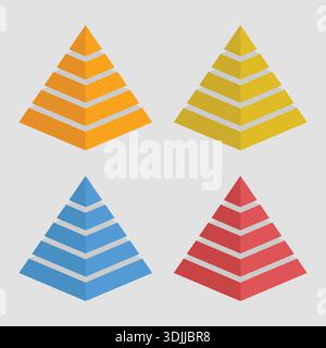 Four colorful stepped pyramids in orange, yellow, blue and red, layered geometric shapes in isometric 3D style isolated on white background. Stock Vector