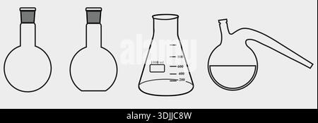 Black and white line illustration of laboratory glassware including round bottom flasks, Erlenmeyer conical flask, and distillation flask isolated. Stock Vector