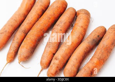 Fresh carrots isolated on white background. Raw vegetables closeup. Healthy organic food ingredient. Natural root vegetables. Clean studio food. Stock Photo