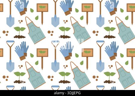 Seamless pattern with gardening tools and green shoots. Summer series of flat illustrations. Tools for growing plants, gardening, and vegetable garden Stock Vector