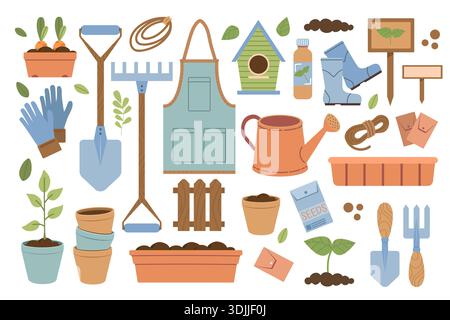 Collection of gardening tools and flowering plants. Summery set of flat-style illustrations. Tools for growing plants, cultivating the garden, and veg Stock Vector