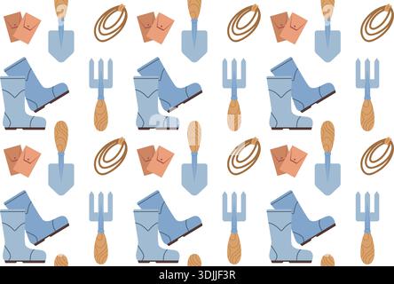 Seamless pattern with gardening tools and clothing. Summer series of flat-style illustrations. Tools for growing plants, cultivating the garden, and v Stock Vector