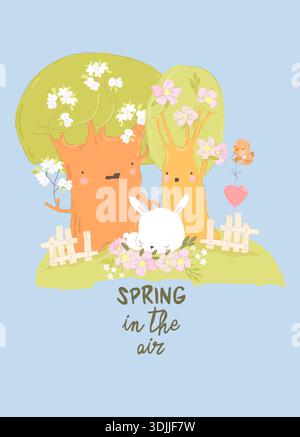 Cute Little Rabbit sleeping Under Blooming Trees Stock Vector