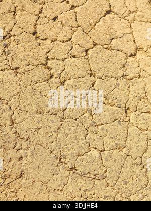 Dry, cracked earth with detailed parched texture, illustrating drought and desertification, arid soil pattern and environmental crisis from heat, eros Stock Photo