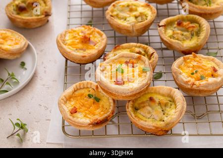 Mini quiches with ham and cheese and chicken and pesto, healthy breakfast or snack idea on a cooling rack Stock Photo