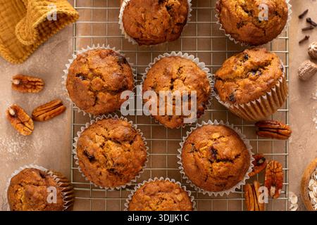 Healthy pumpkin muffins with oats, dry cranberry and pecan nuts on a cooling rack Stock Photo