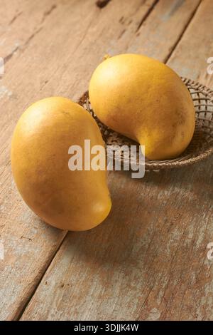 two ripe yellow mangoes in wicker bowl on wood surface, smooth skin fruit and textured woven basket, soft focus with copy space, organic food Stock Photo