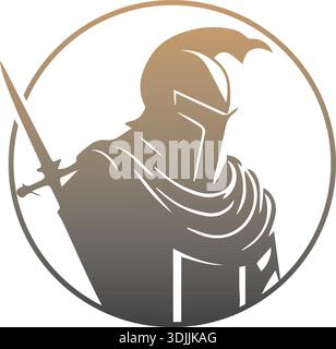 Medieval knight in armor vector logo Simple clean modern icon of a warrior with shield and helmet Stock Vector