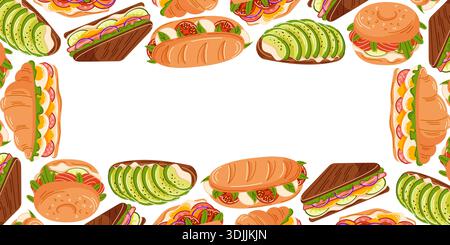 Sandwich frame with baguette, croissant, burger, bagel and avocado toast in flat style. Hand drawn food border on white background for menu, packaging Stock Vector