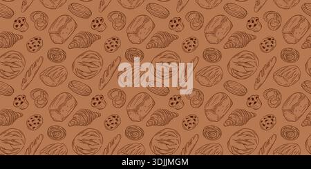 Seamless pattern with assorted bakery bread and pastry in line art style. Ideal for packaging, wallpaper, textile, menu and card. Stock Vector