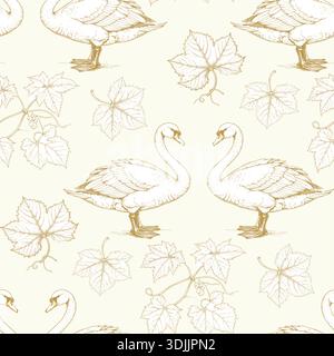 Seamless pattern with white swans and and vine leaves, hand drawn birds and floral texture in retro style for fabric textile, vector illustration Stock Vector