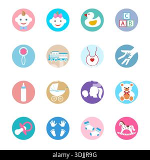 Maternity and childhood colorful icons. Baby flat color outline sign collection. Stock Vector