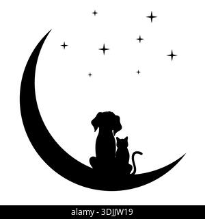 silhouettes of two cats on the moon and starry sky in the shape of a heart Stock Vector