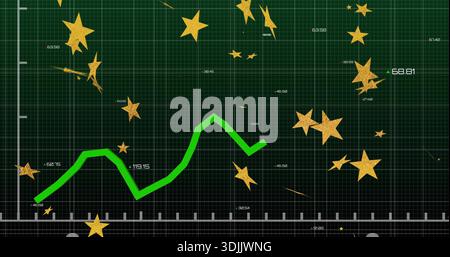 Displaying thick neon trend line rising dipping on dark green grid with gold stars and labels Stock Photo