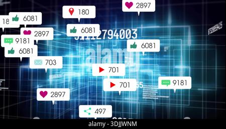 Floating cluster of social notifications hovering over data hub, showing icon badges and counters Stock Photo