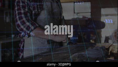 Sanding carpenter in plaid shirt and apron at bench, using orbital sander on plank with AR Stock Photo